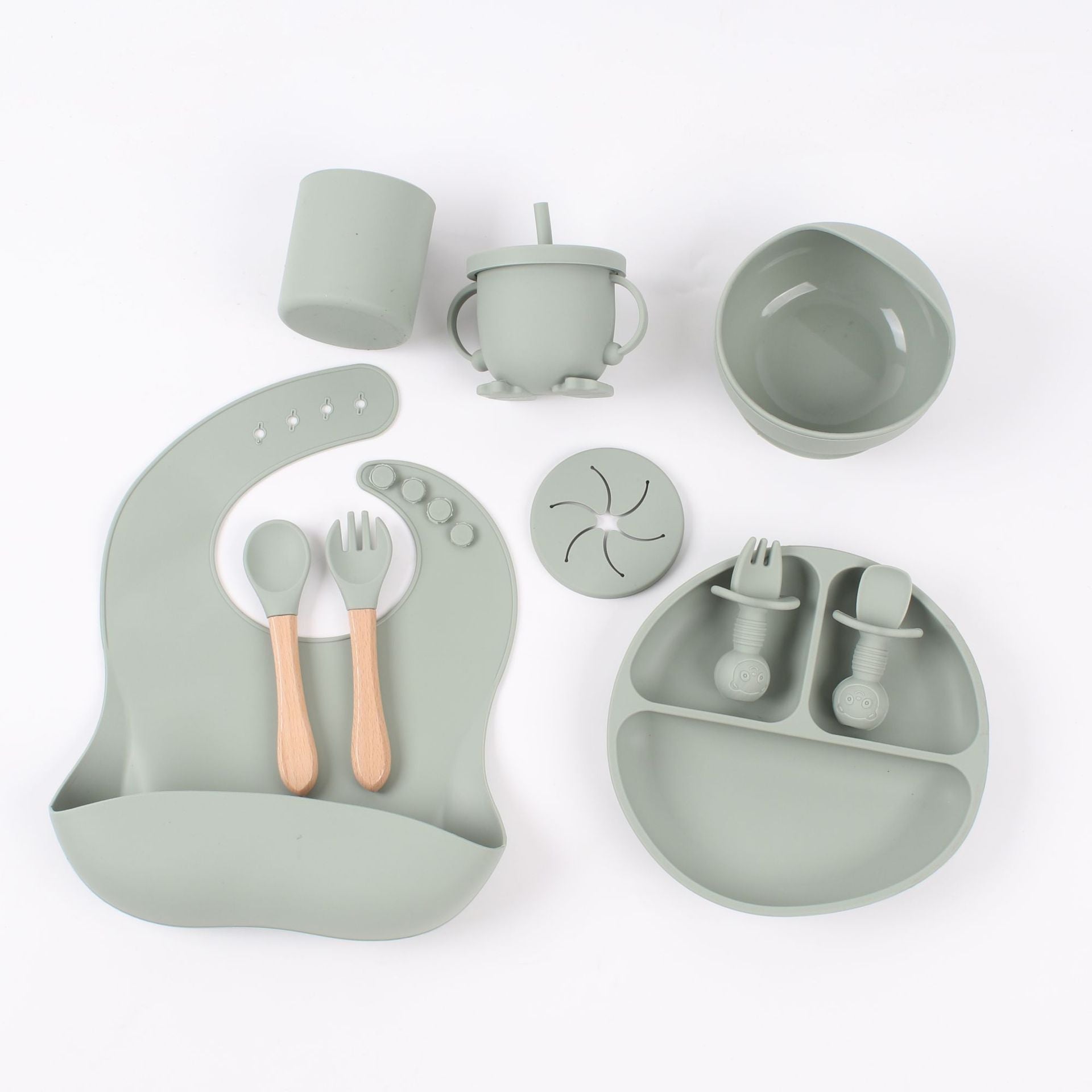 Silicone dinner plate, baby bib, baby tableware set, shatter-resistant cup feeding set, baby supplies 10-piece set