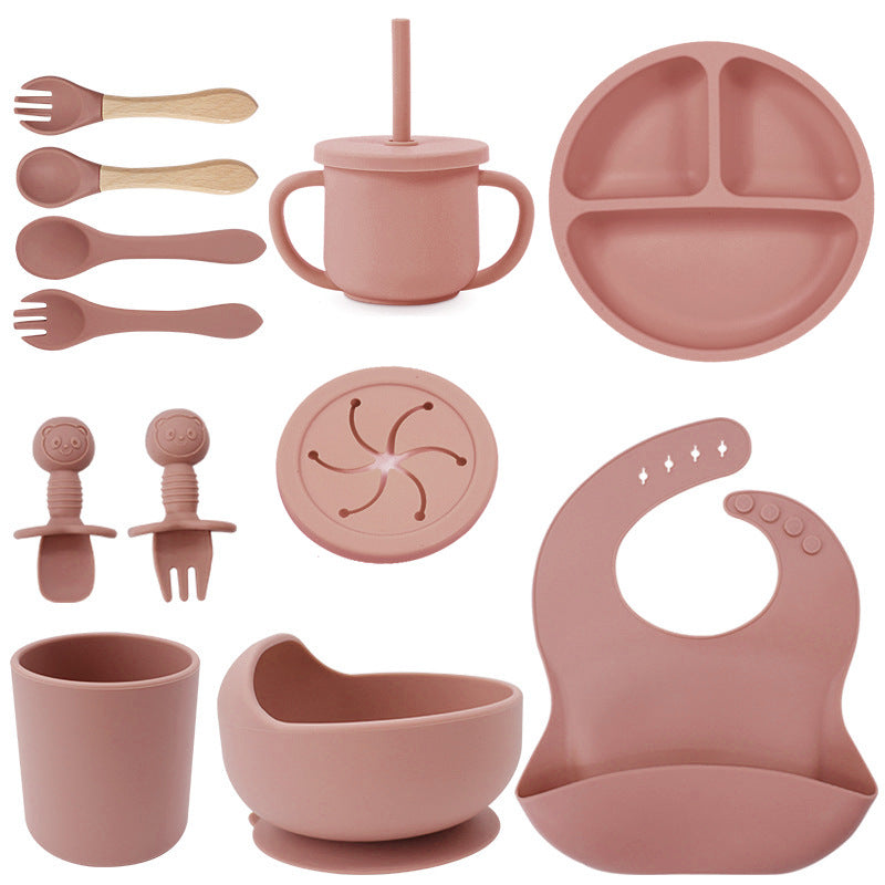 Baby silicone tableware set infant food bowl spoon saliva pocket children's 3-grid silicone dinner plate straw cup