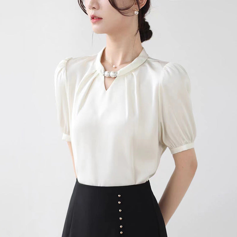French niche halter neck stand collar beaded shirt female 2025 spring new style pullover satin temperament commuter professional top