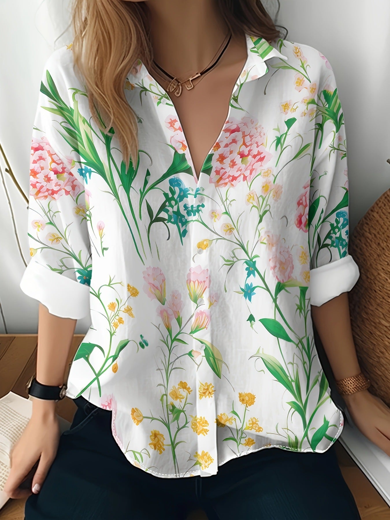 Cat cross-border European and American women's 3D printed floral pattern long-sleeved shirt women's fashion tops