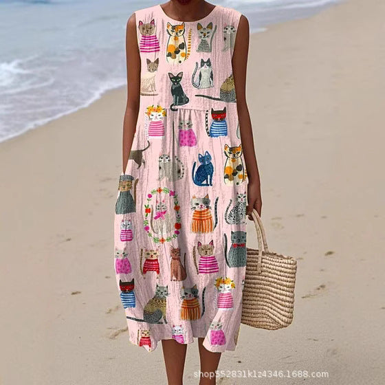 2025 European and American spring and summer new sleeveless casual printed temperament long dress slim small fresh casual dress