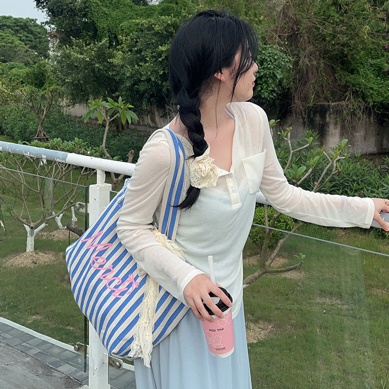 New canvas bag original large capacity blue striped letter printing casual all-match tote bag women