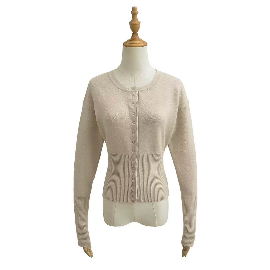 European and American high waist women's round neck single breasted knitted sweater female niche design short top with thin sweater trend