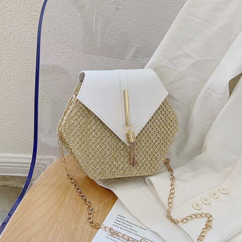 Beach bag women 2025 new fashion straw bag woven women's bag Korean style chain shoulder crossbody tassel small bag