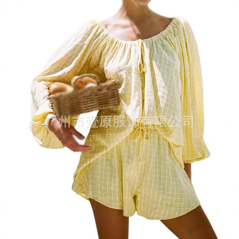 Cross-border European and American 2025 summer new round neck long-sleeved shirt shorts two-piece plaid shirt suit