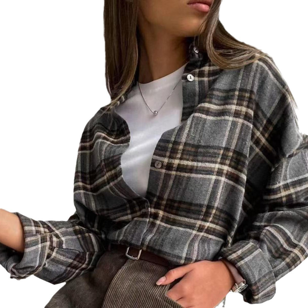 2025 Spring and Autumn Cross-border Retro All-match Lapel Loose Shirt #Plaid Long Sleeve Pocket Women's Shirt
