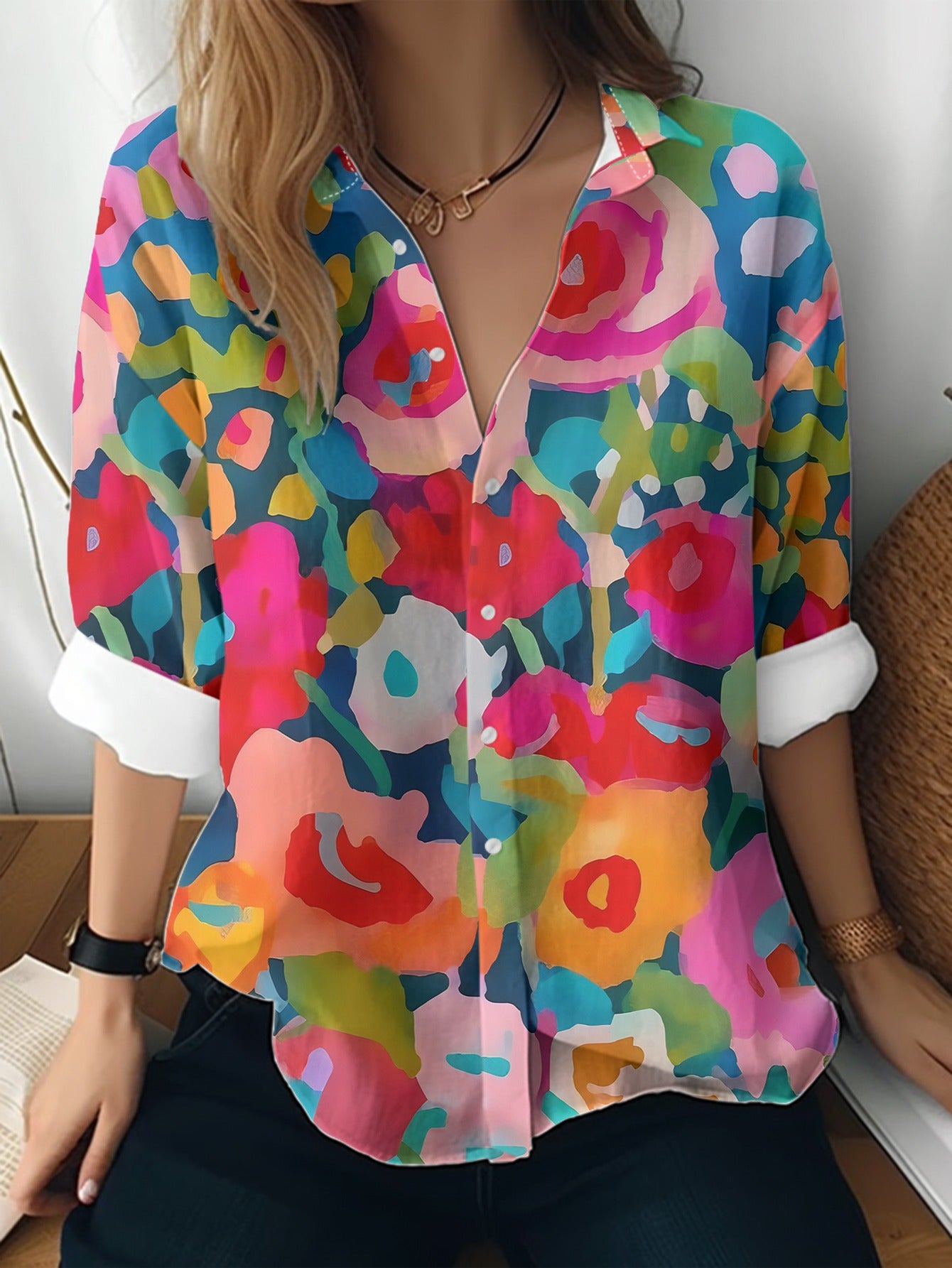 Cat cross-border European and American women's 3D printed floral pattern long-sleeved shirt women's fashion tops