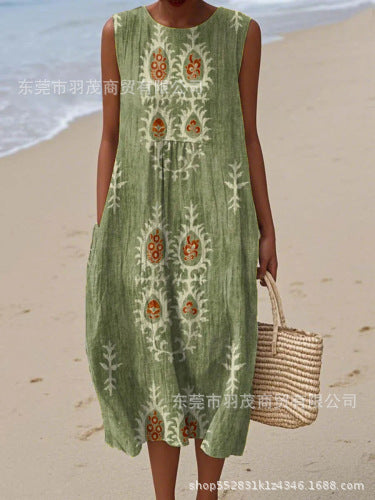 2025 European and American spring and summer new sleeveless casual printed temperament long skirt dress slim small fresh casual skirt