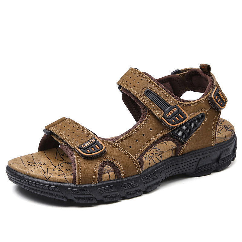 Summer men's thick-soled open-toe top-layer leather men's beach shoes soft-soled fashionable large-size outdoor casual shoes