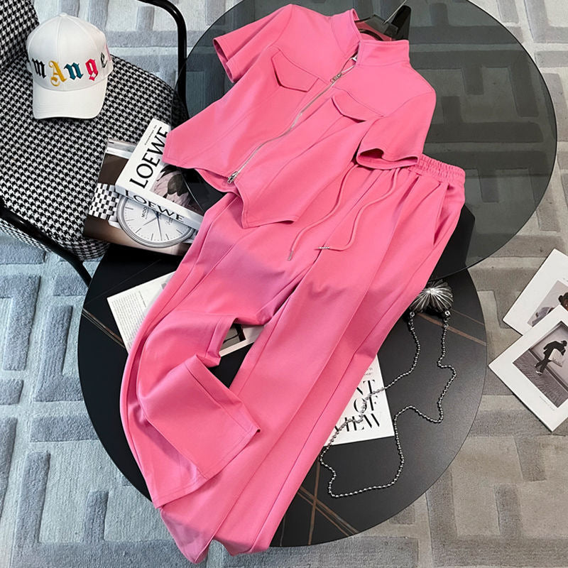 Xiao Xiang style summer fashion fat mm women's clothing covering flesh zipper thin short-sleeved wide-leg pants casual sports suit