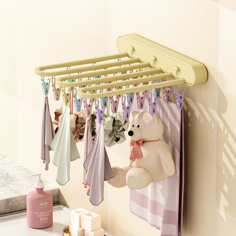 Folding clothes drying rack, punch-free, 24-clip windproof folding sock rack for underwear, balcony and bathroom, multi-clip sock rack