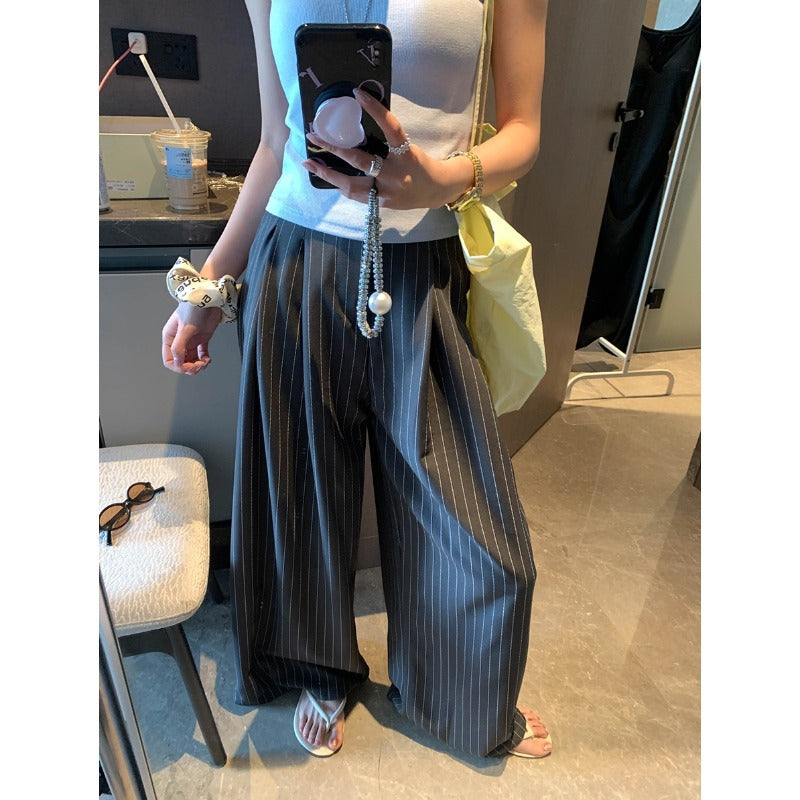 Moqie high-end commuter style Laoqian drape high waist slim casual striped suit wide leg pants MQ0488
