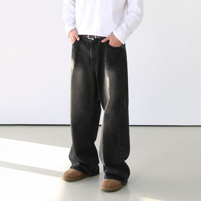MYQ Retro Gradient Washed Jeans Men's Spring Loose Wide-leg Pants Korean Style Trendy Straight Long Pants