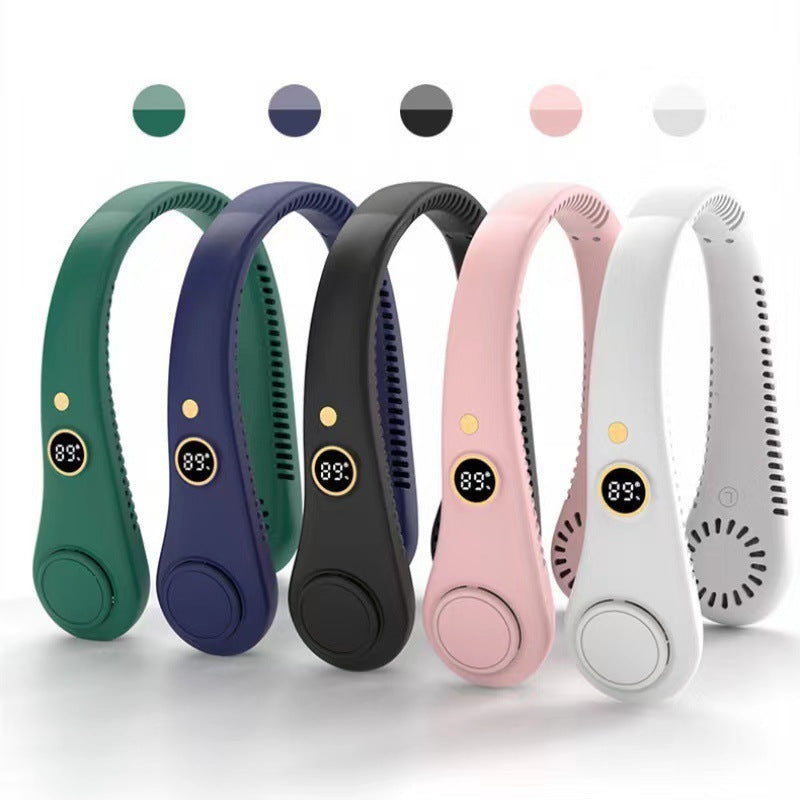 Cross-border new leafless neck hanging fan USB charging portable lazy number display sports folding mini electric fan
