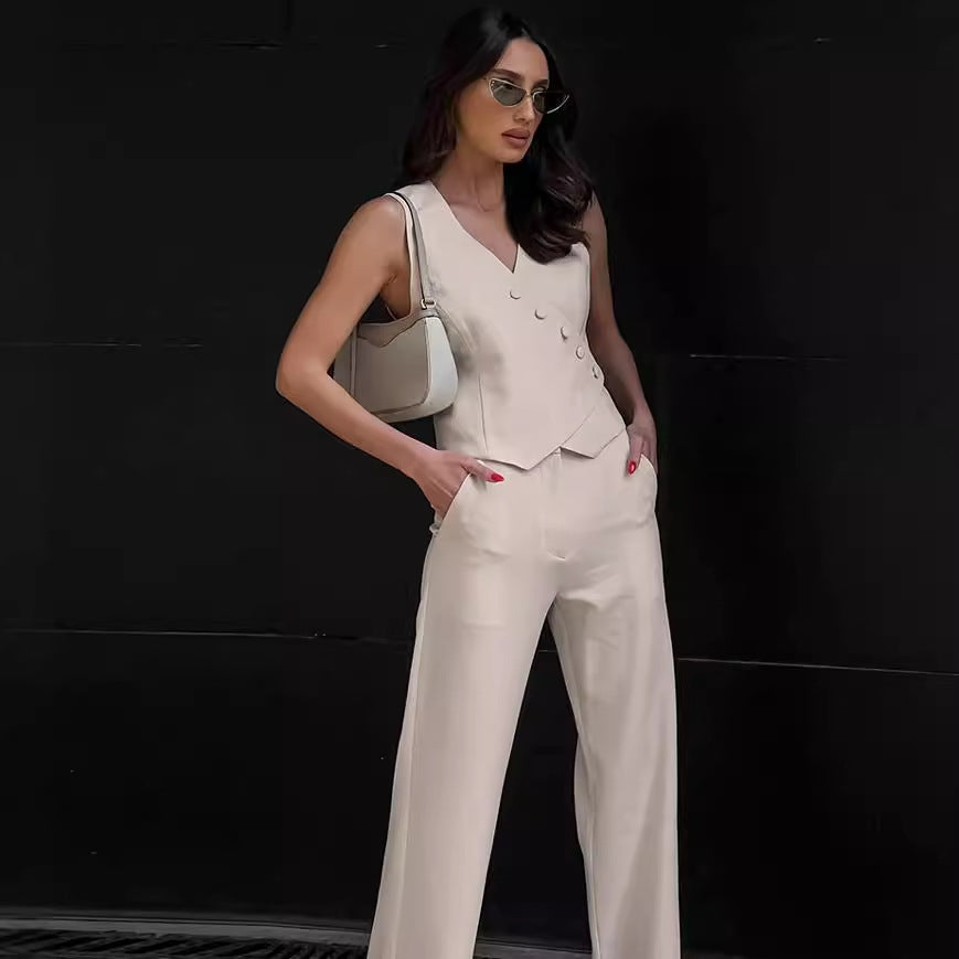 hot style casual high-end suit European and American foreign trade cotton khaki cardigan vest straight pants two-piece suit for women