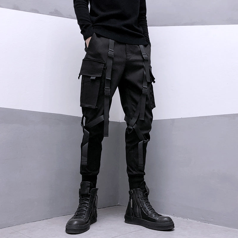 Trendy functional style tactical multi-pocket ribbon paratrooper overalls street fashion brand harem pants