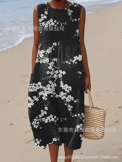 2025 European and American spring and summer new sleeveless casual printed temperament long skirt dress slim small fresh casual skirt