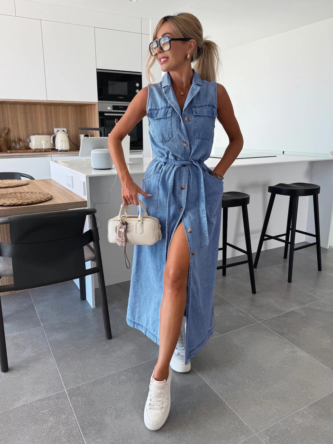 European and American style cross-border new sleeveless long tie waist single-breasted denim dress