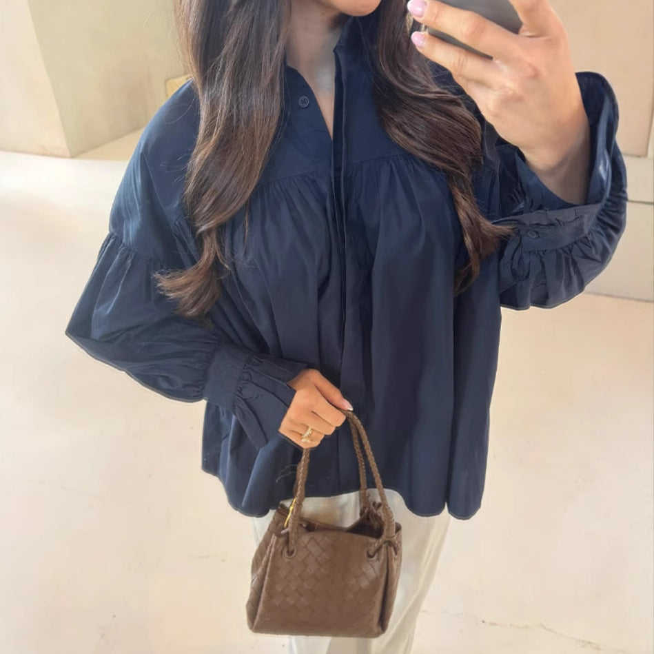 European and American style cross-border foreign trade women's clothing 2025 fashion poplin two-color drop shoulder lantern long sleeve loose single-breasted shirt