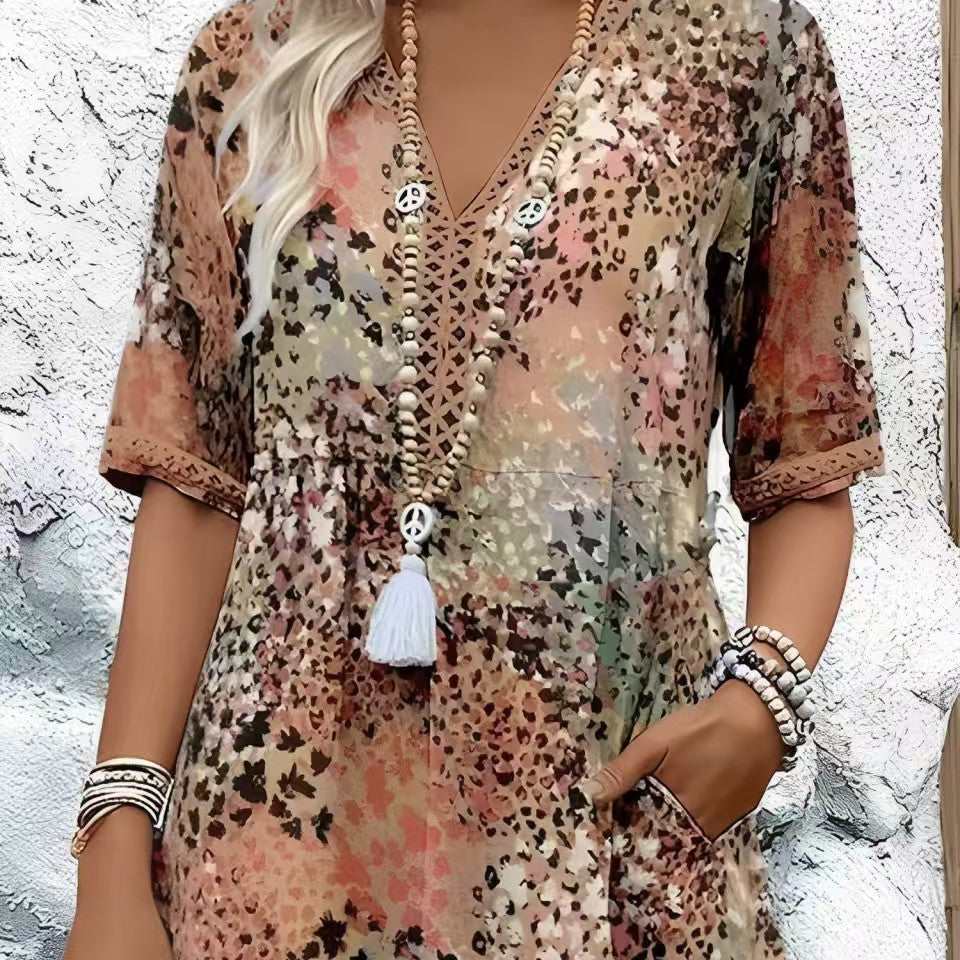 2025 European and American new printed summer V-neck casual vacation pocket dress home clothes foreign trade women