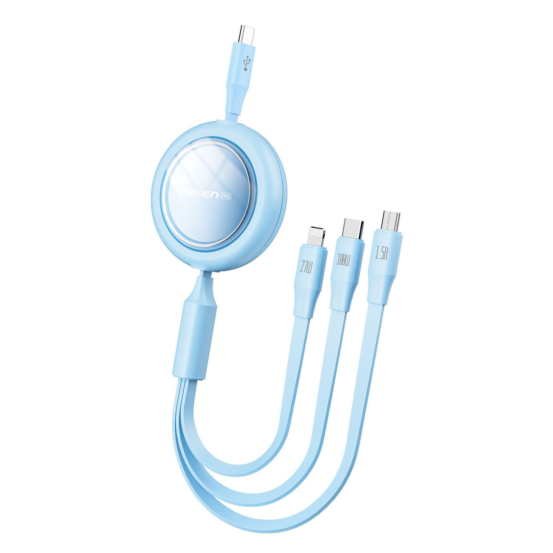 PISEN 3-in-1 100W fast charging data cable suitable for Apple Huawei car one-to-three charging cable retractable cable