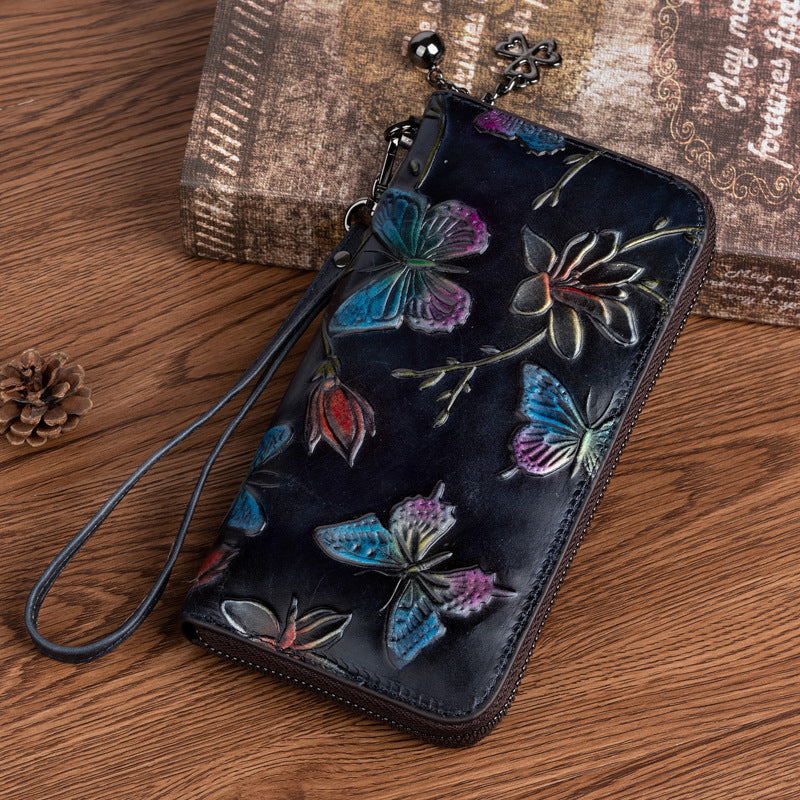 2025 new top layer cowhide handbag women's Chinese style embossed rubbed color long wallet fashion retro clutch bag