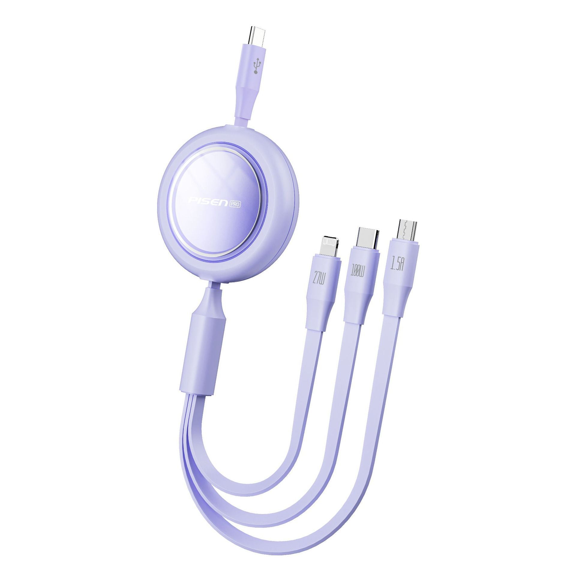 PISEN 3-in-1 100W fast charging data cable suitable for Apple Huawei car one-to-three charging cable retractable cable
