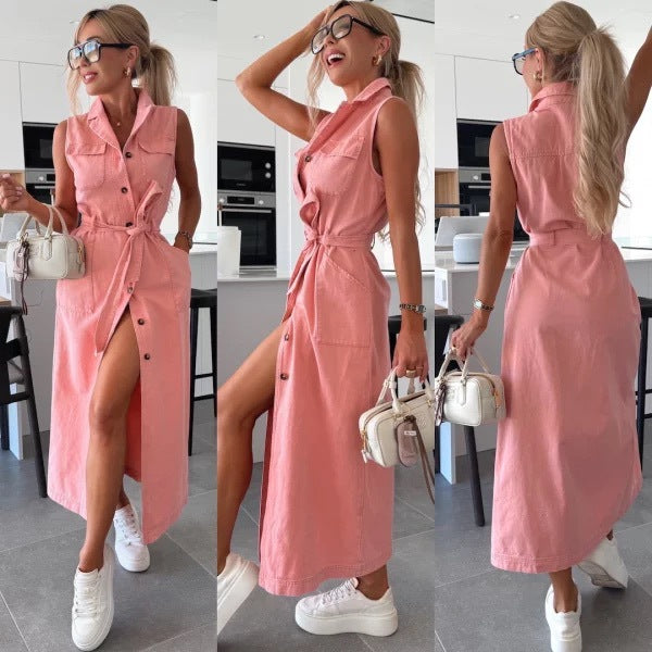 European and American style cross-border new sleeveless long tie waist single-breasted denim dress