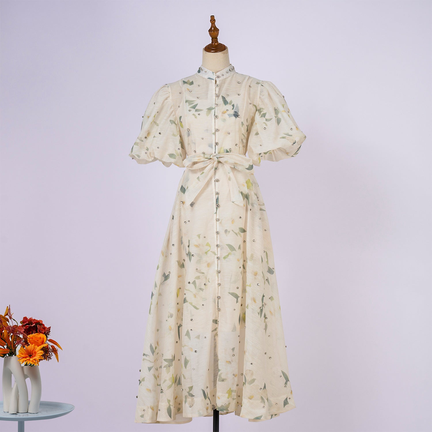 European and American cross-border summer palace style high-end design heavy-duty rhinestone short-sleeved single-breasted dress with suspenders