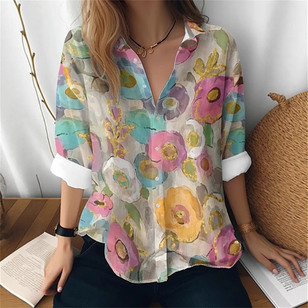 Cat cross-border European and American women's 3D printed floral pattern long-sleeved shirt women's fashion tops