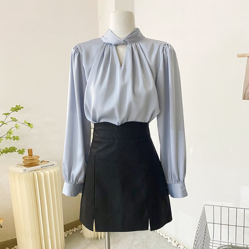 French acetate satin stand-up collar hollow shirt women's spring and autumn fashionable temperament professional commuting long-sleeved top