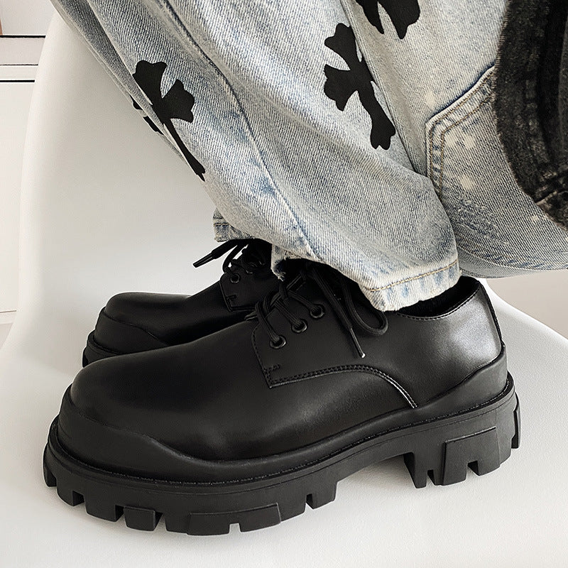Men's Casual Thick-soled All-match Black Leather Shoes Work Shoes Height-increasing Derby Shoes Couple Shoes