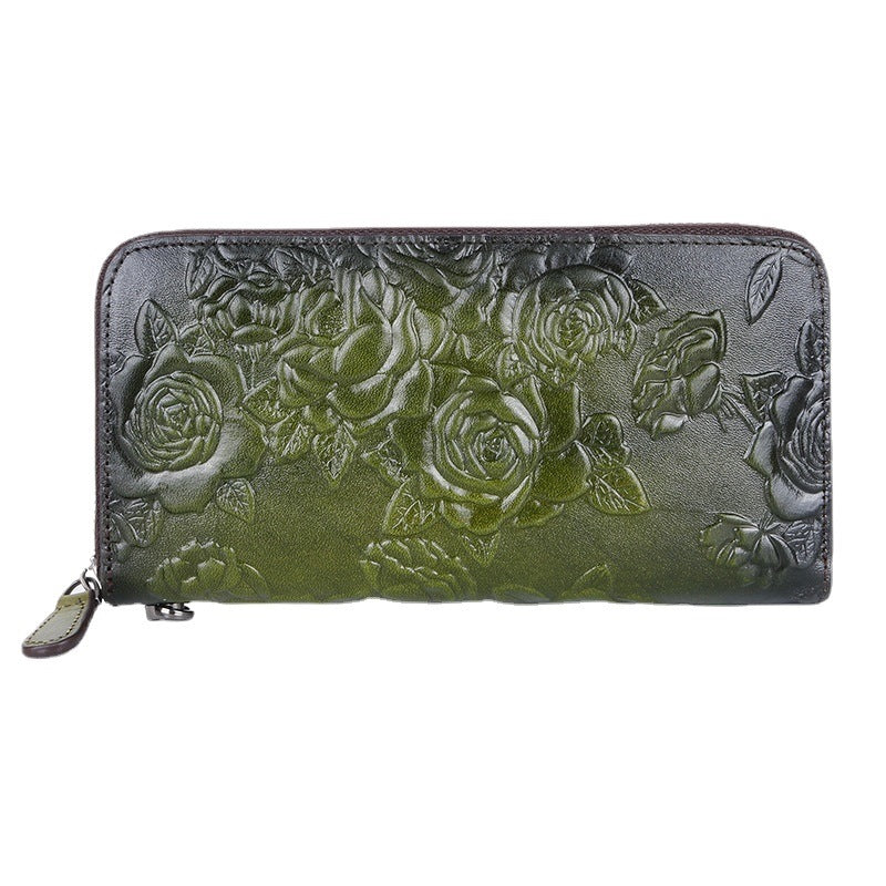 New Cowhide Retro Style Long Women's Clutch Fashion Multi-card Slot Embossed Colored Zipper Bag