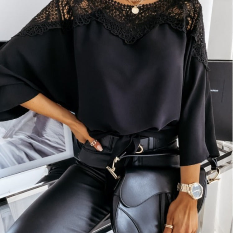 Independent Station Wish Spring and Autumn New Long Sleeve Lace Shirt Solid Color Commuter Top Round Neck Shirt