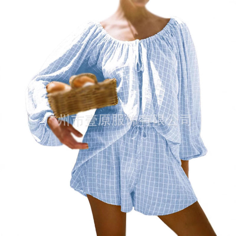 Cross-border European and American 2025 summer new round neck long-sleeved shirt shorts two-piece plaid shirt suit