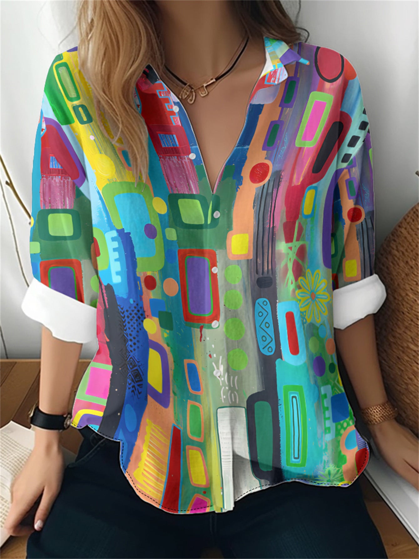 Cat cross-border European and American women's 3D printed floral pattern long-sleeved shirt women's fashion tops