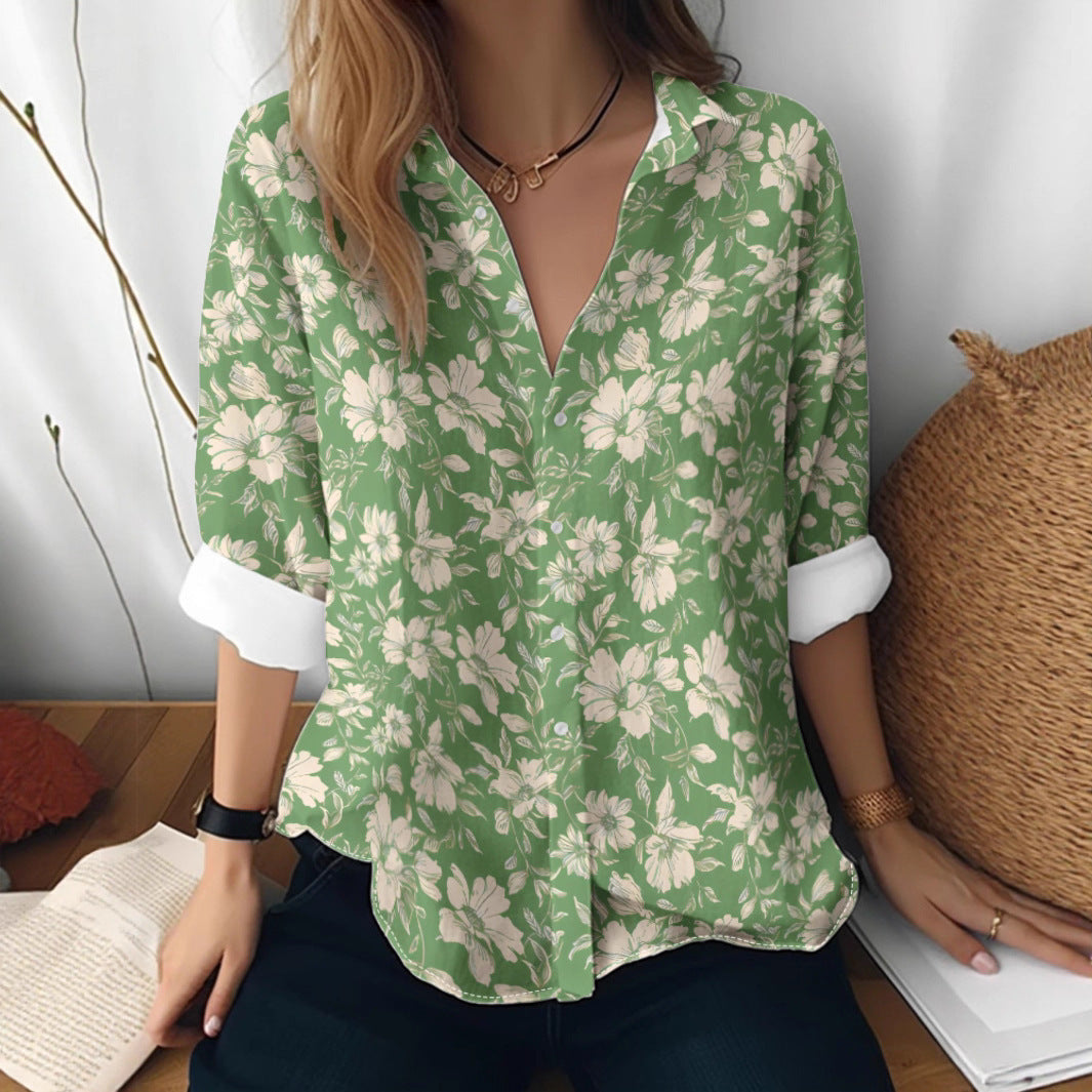 Cat cross-border European and American women's 3D printed floral pattern long-sleeved shirt women's fashion tops