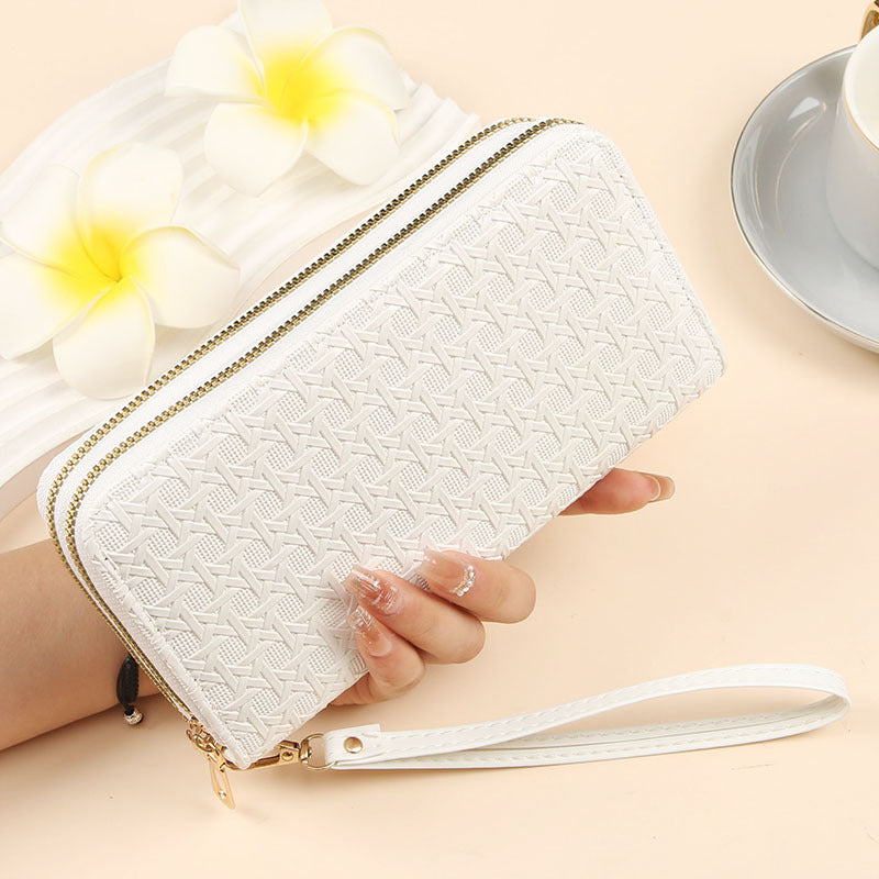 Foreign trade-specific wallet for women, long woven pattern double zipper large capacity clutch bag, multifunctional patent leather mobile phone bag for women