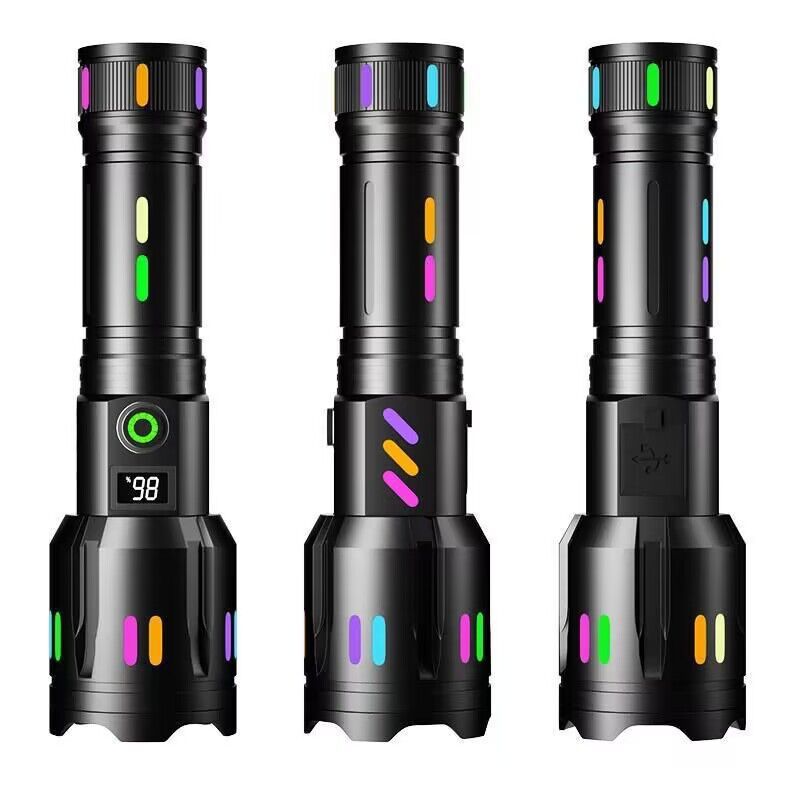 Multifunctional flashlight with lithium battery, fluorescent bar, digital display, Type-C rechargeable, strong light, zoom, white laser flashlight, long battery life