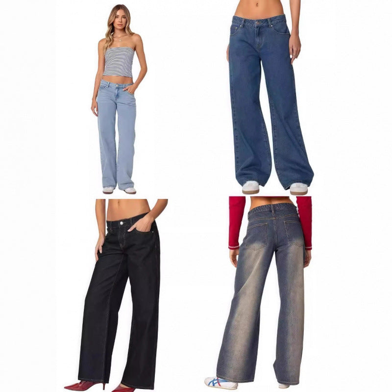 edikted American retro hot girl low waist straight washed casual waist slim jeans versatile trendy women