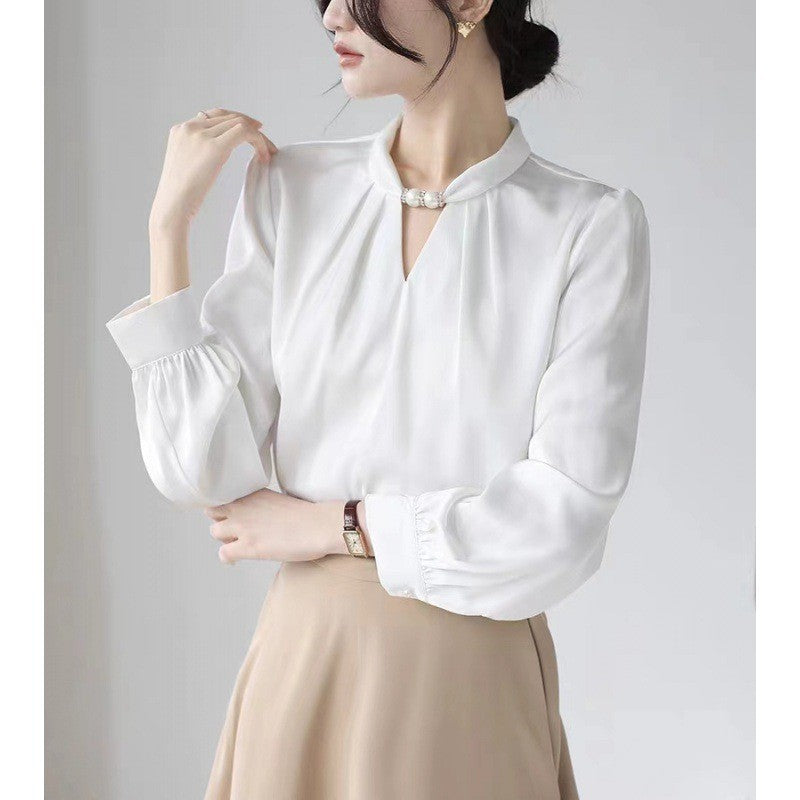 French niche halter neck stand collar beaded shirt female 2025 spring new style pullover satin temperament commuter professional top
