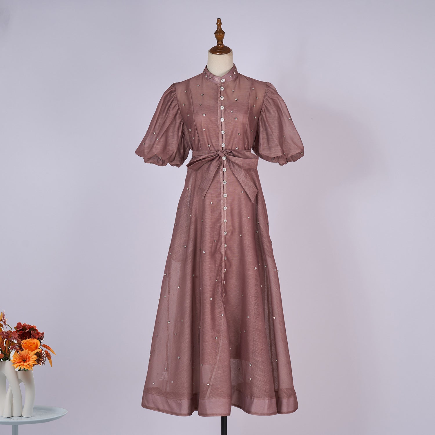 European and American cross-border summer palace style high-end design heavy-duty rhinestone short-sleeved single-breasted dress with suspenders