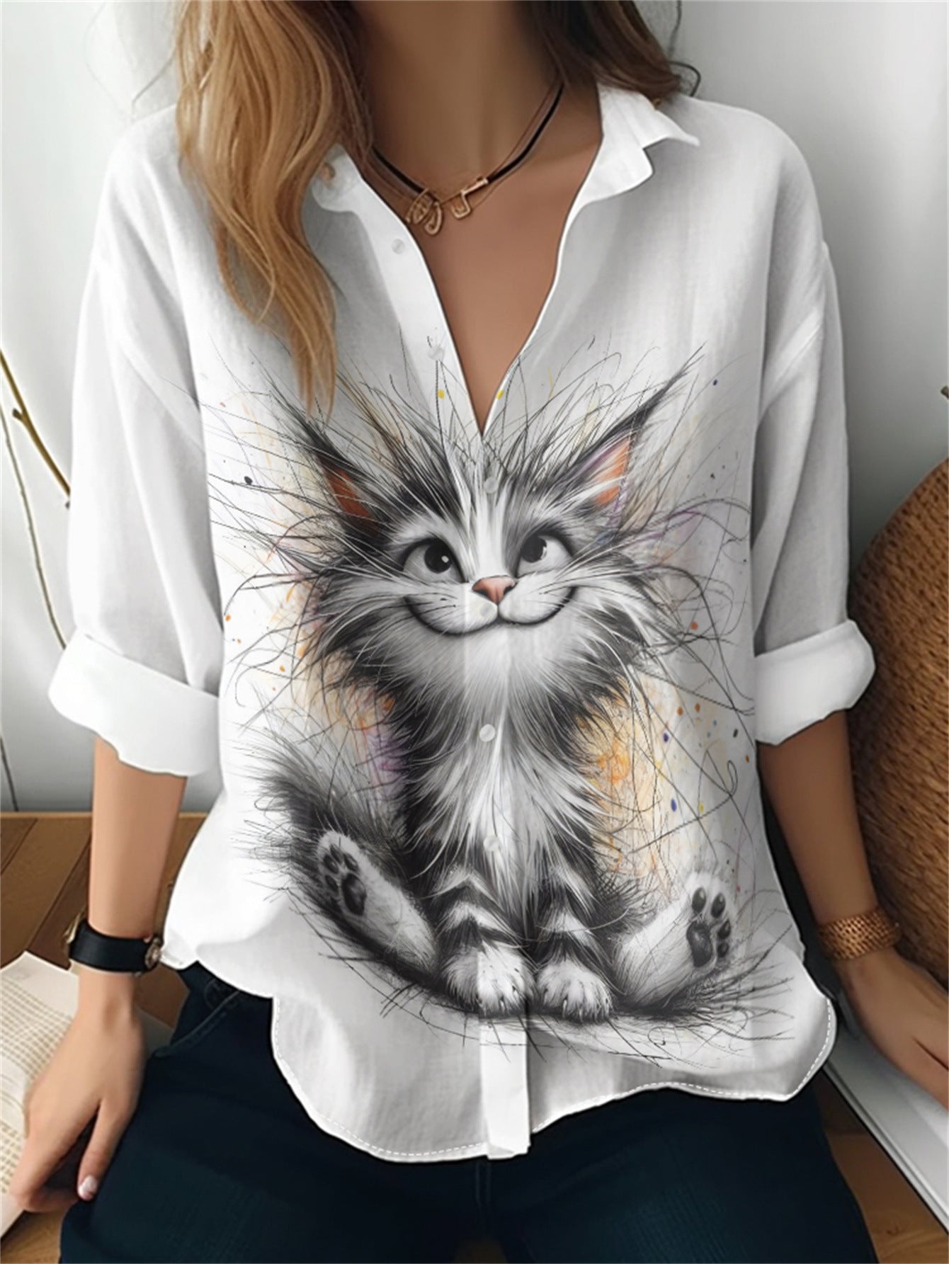 Cat cross-border European and American women's 3D printed floral pattern long-sleeved shirt women's fashion tops