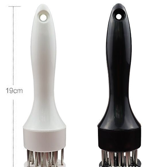 Two meat tenderizers, one white and one black, with measurement scale on a white background.