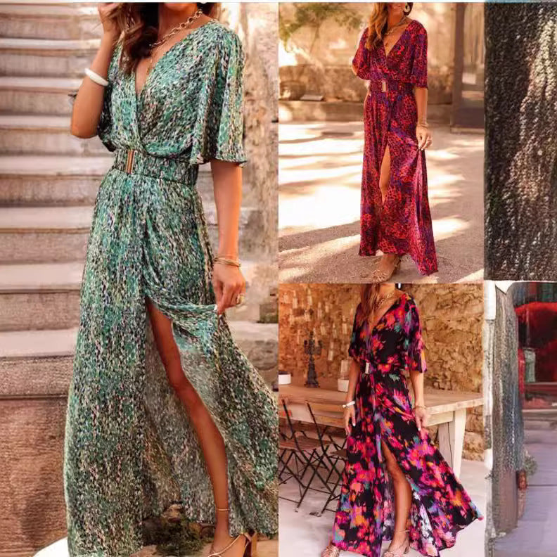 2025 spring and summer new European and American cross-border printed short-sleeved dress slim waist commuting mid-length temperament