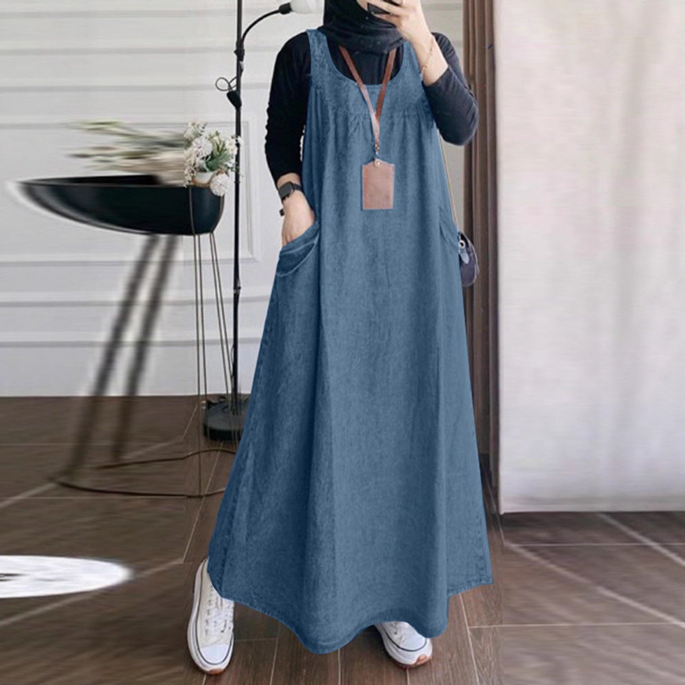 Cross-border foreign trade 2025 Southeast Asia Middle East Spring and Autumn new retro long skirt pocket loose casual denim overalls skirt