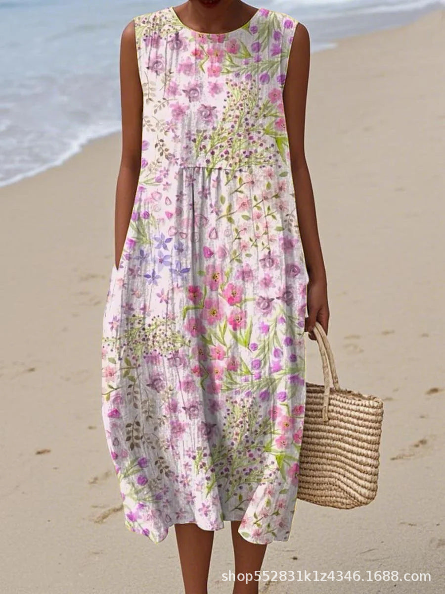 2025 European and American spring and summer new sleeveless casual printed temperament long dress slim small fresh casual dress