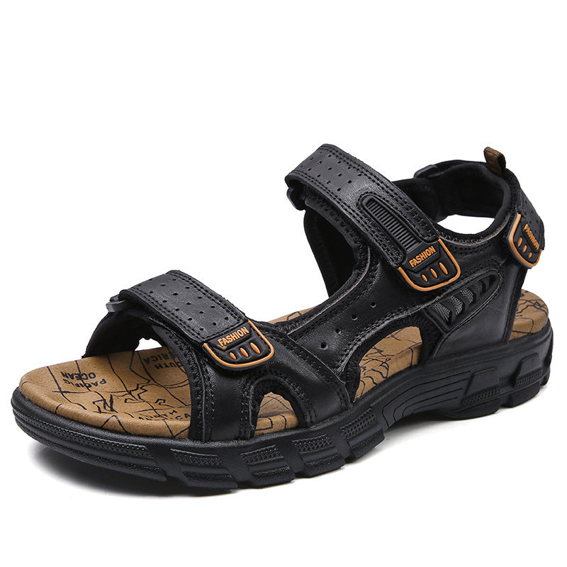 Summer men's thick-soled open-toe top-layer leather men's beach shoes soft-soled fashionable large-size outdoor casual shoes