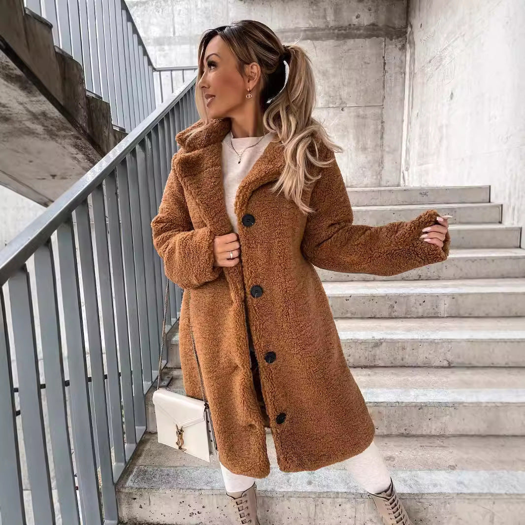 2025 Autumn and Winter European and American Cross-border Women's Clothing Hot Style Furry Long Sleeve Lapel Women's Plush Top Long Coat