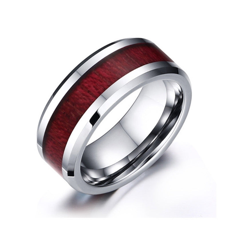 Manufacturers spot wholesale fashion inlaid wood veneer width 6/8mm unisex couple wood grain tungsten steel ring foreign trade